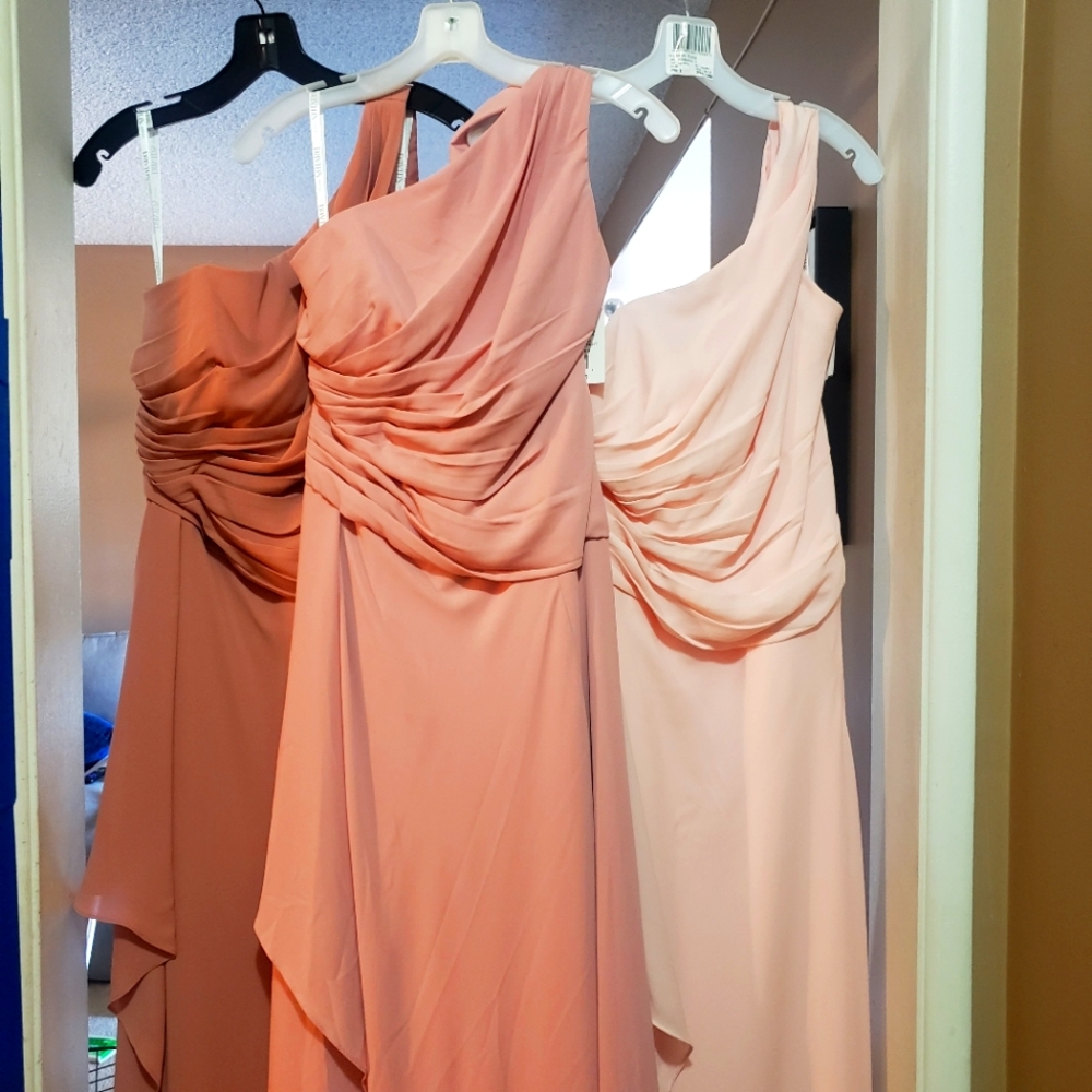David's Bridal Bridesmaid dresses in various shades of pink. Sizes 6 and 14